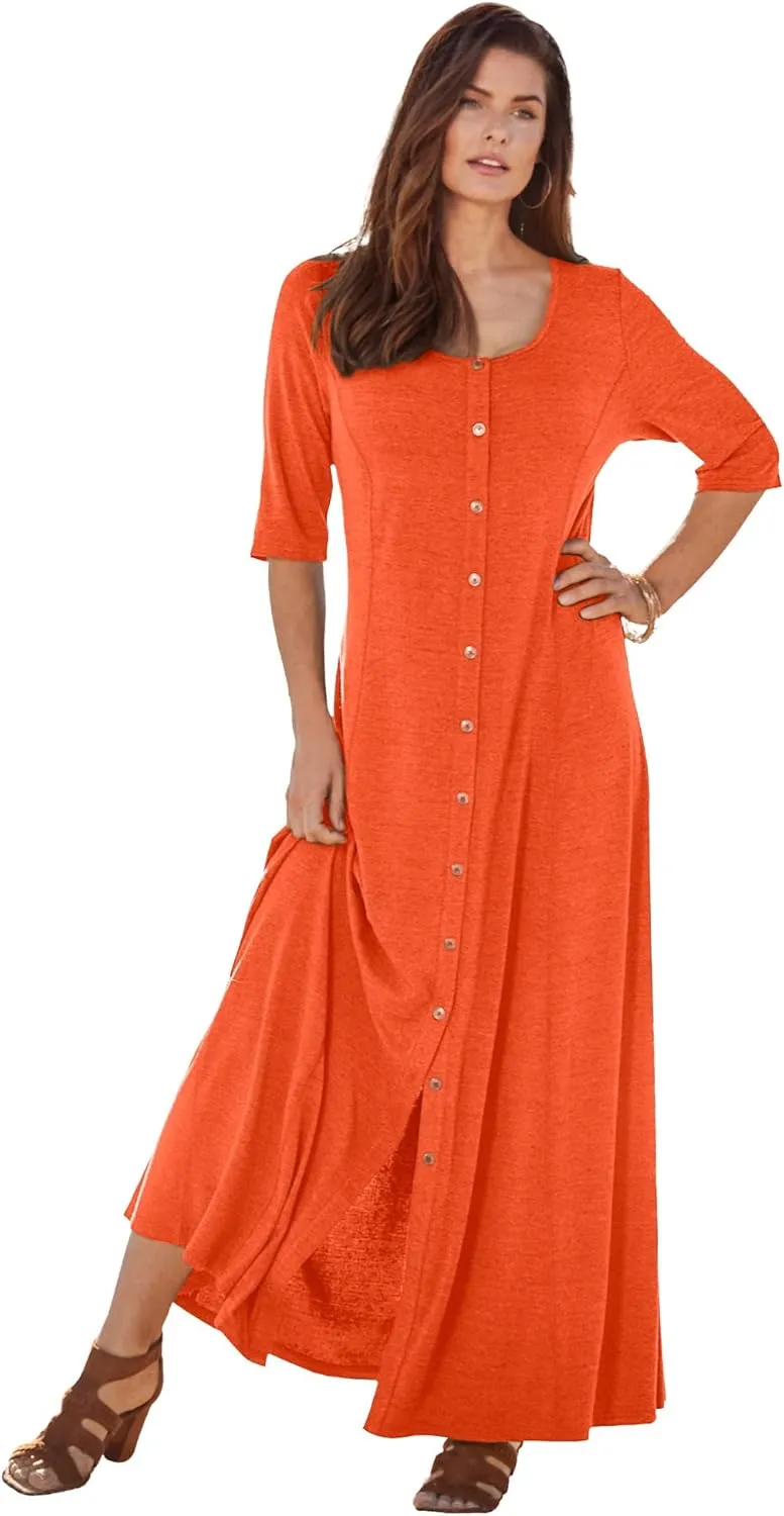 Roaman's Women's Plus Size Button Front Heathered Dress