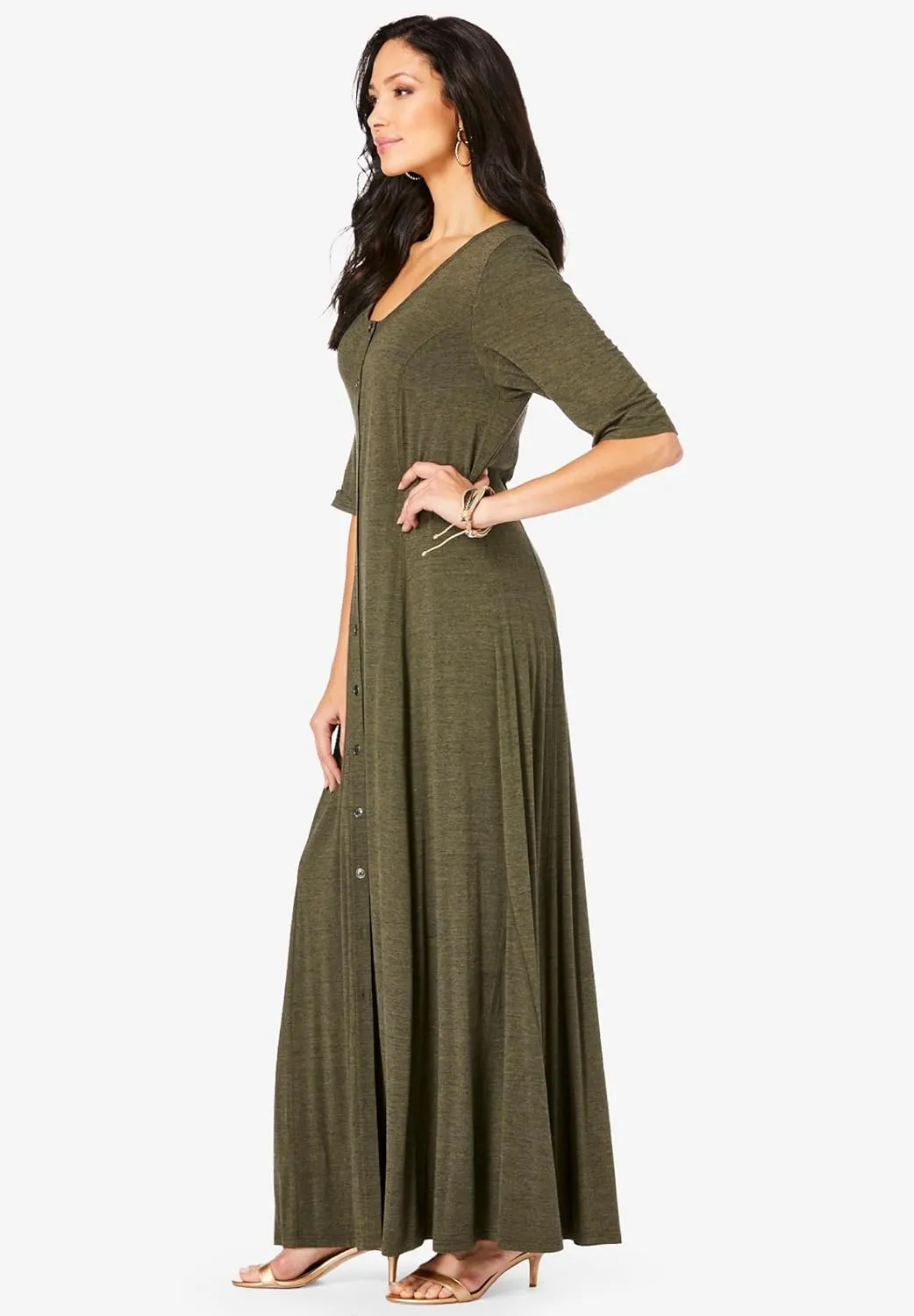 Roaman's Women's Plus Size Button Front Heathered Dress