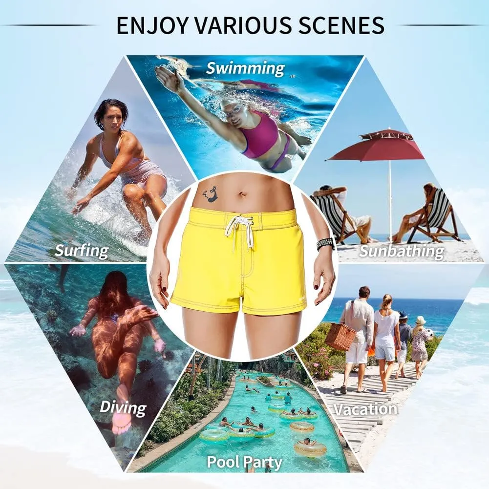 Rocorose Women's Board Shorts Quick Dry Elastic Waist Swim Shorts Surf Swimwear with Pocket and Liner