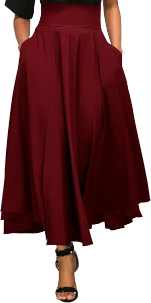 Rooscier Women's Elastic High Waist Tie Knot Back A-Line Flared with Pockets Long Skirt
