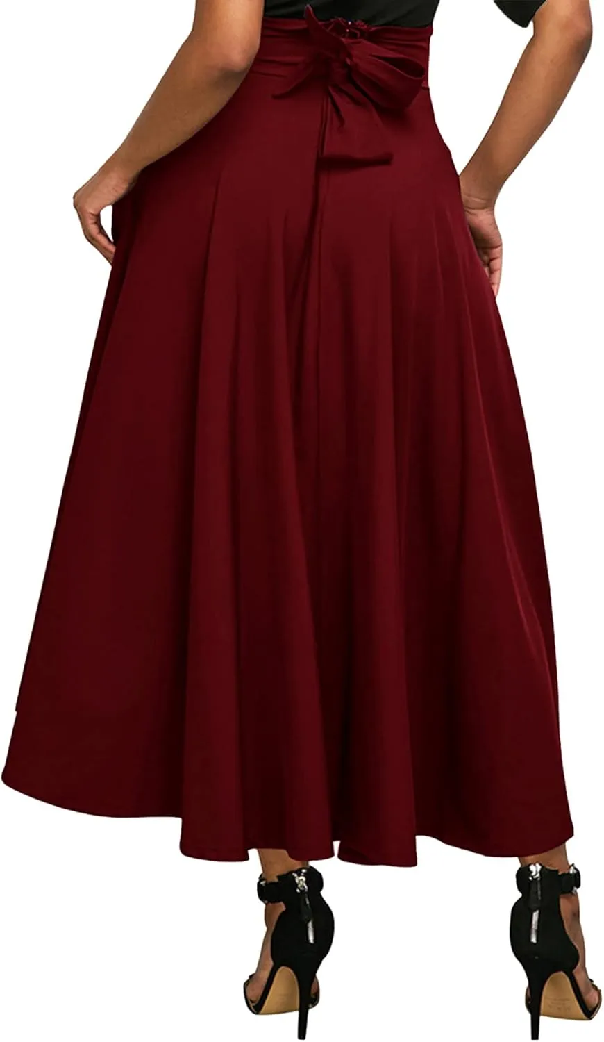 Rooscier Women's Elastic High Waist Tie Knot Back A-Line Flared with Pockets Long Skirt