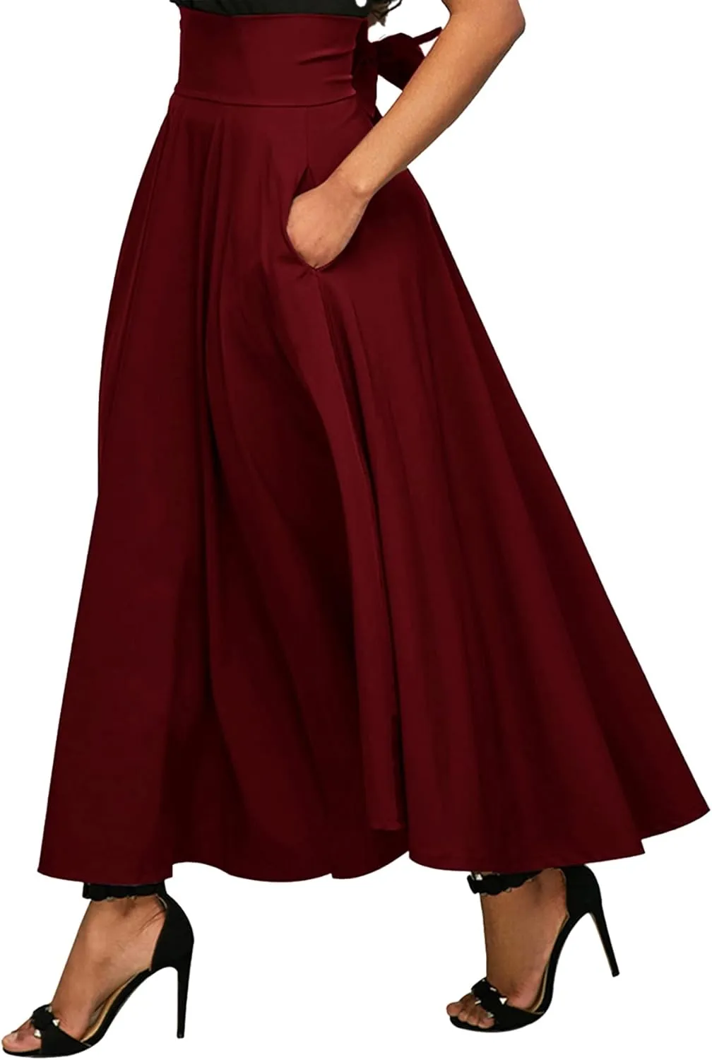 Rooscier Women's Elastic High Waist Tie Knot Back A-Line Flared with Pockets Long Skirt