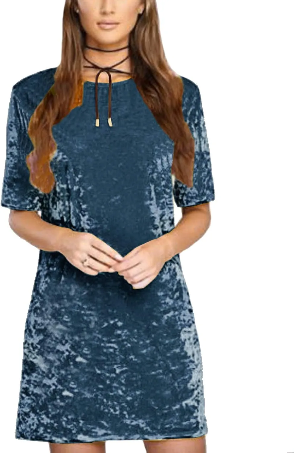 R.Vivimos Women's Summer Short Sleeve Crushed Velvet Mini Short Dresses