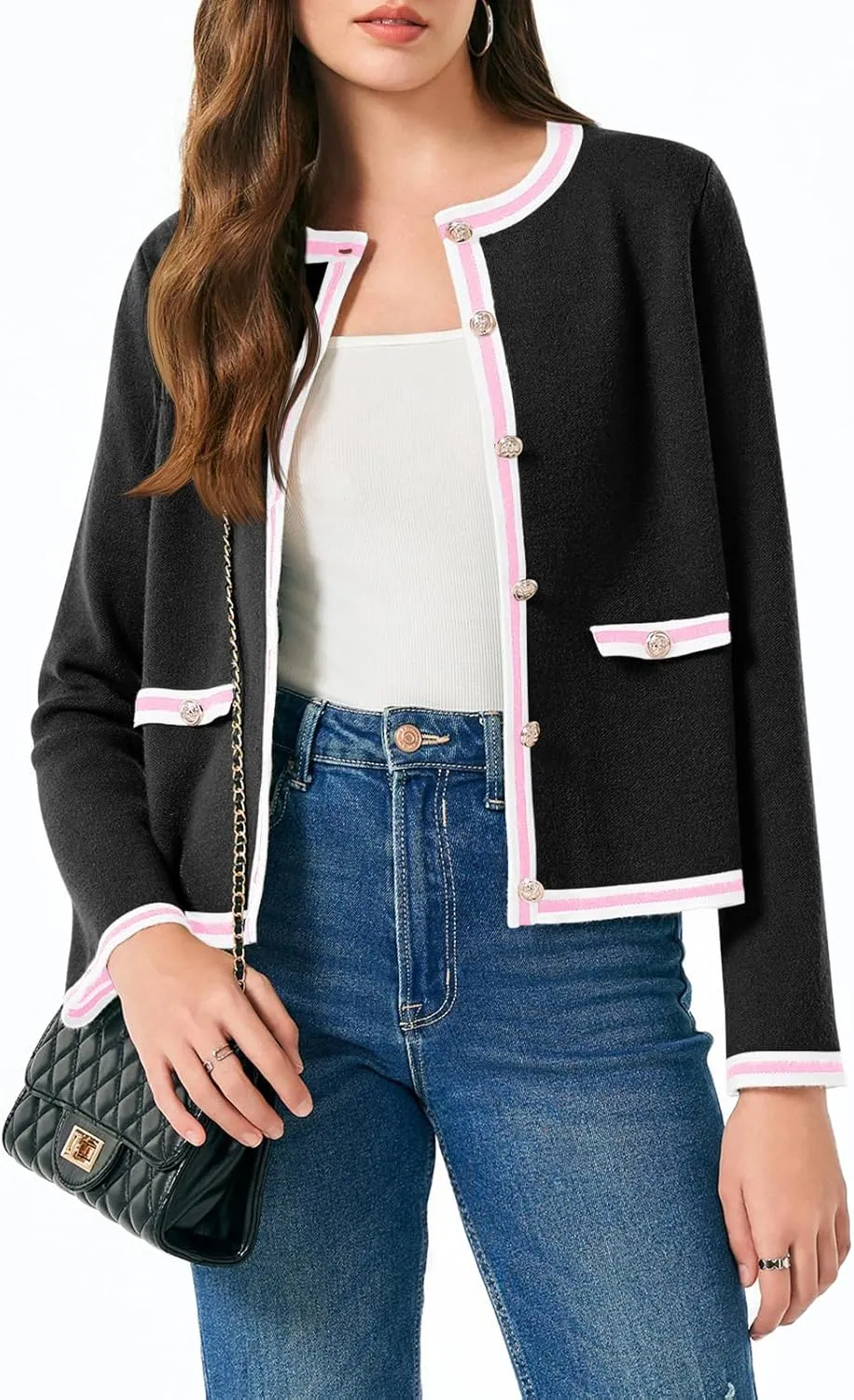 Saodimallsu Womens Cropped Cardigans Crew Neck Color Block Button Down Long Sleeve Fall Knit Sweater Jackets