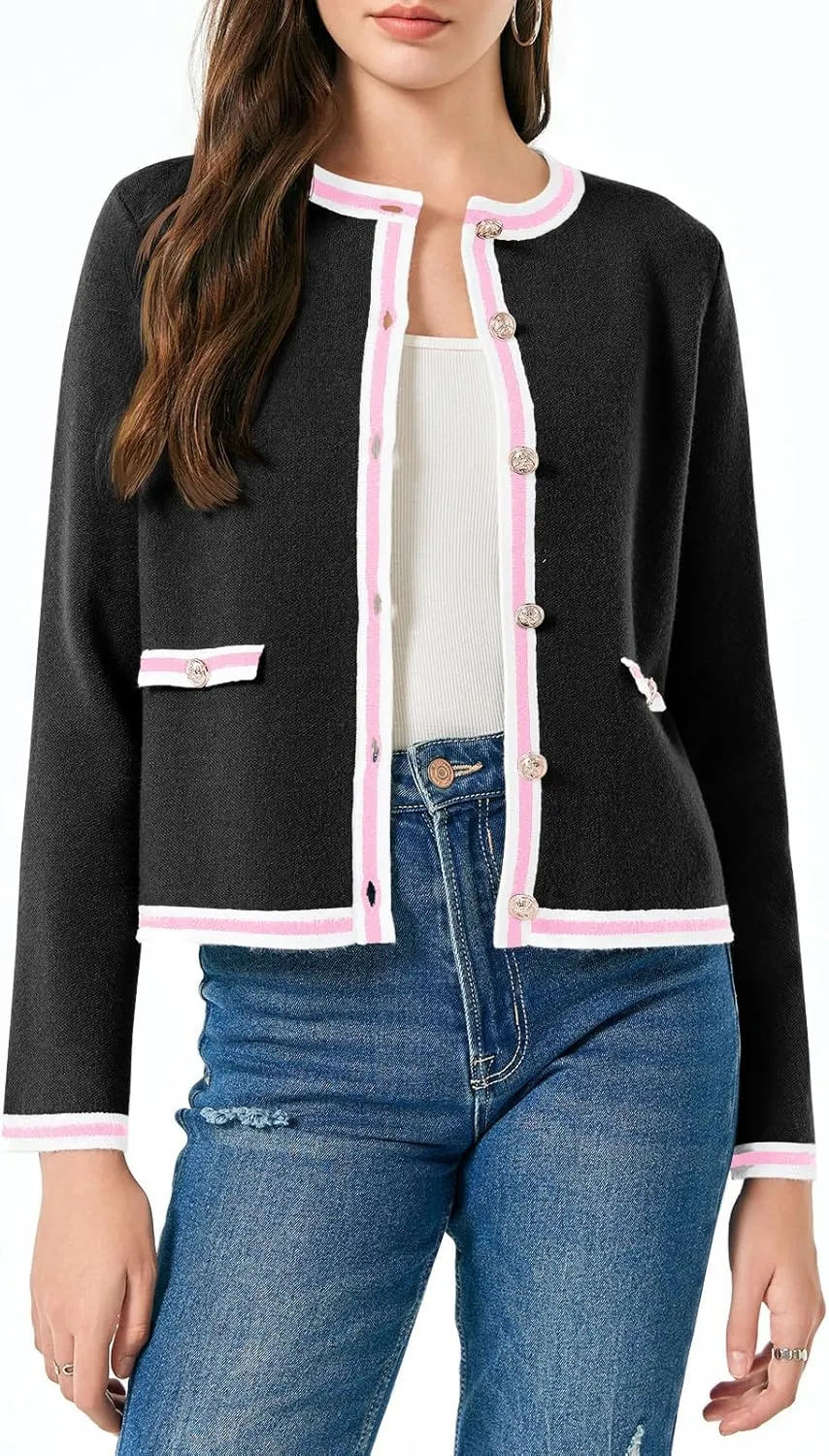 Saodimallsu Womens Cropped Cardigans Crew Neck Color Block Button Down Long Sleeve Fall Knit Sweater Jackets