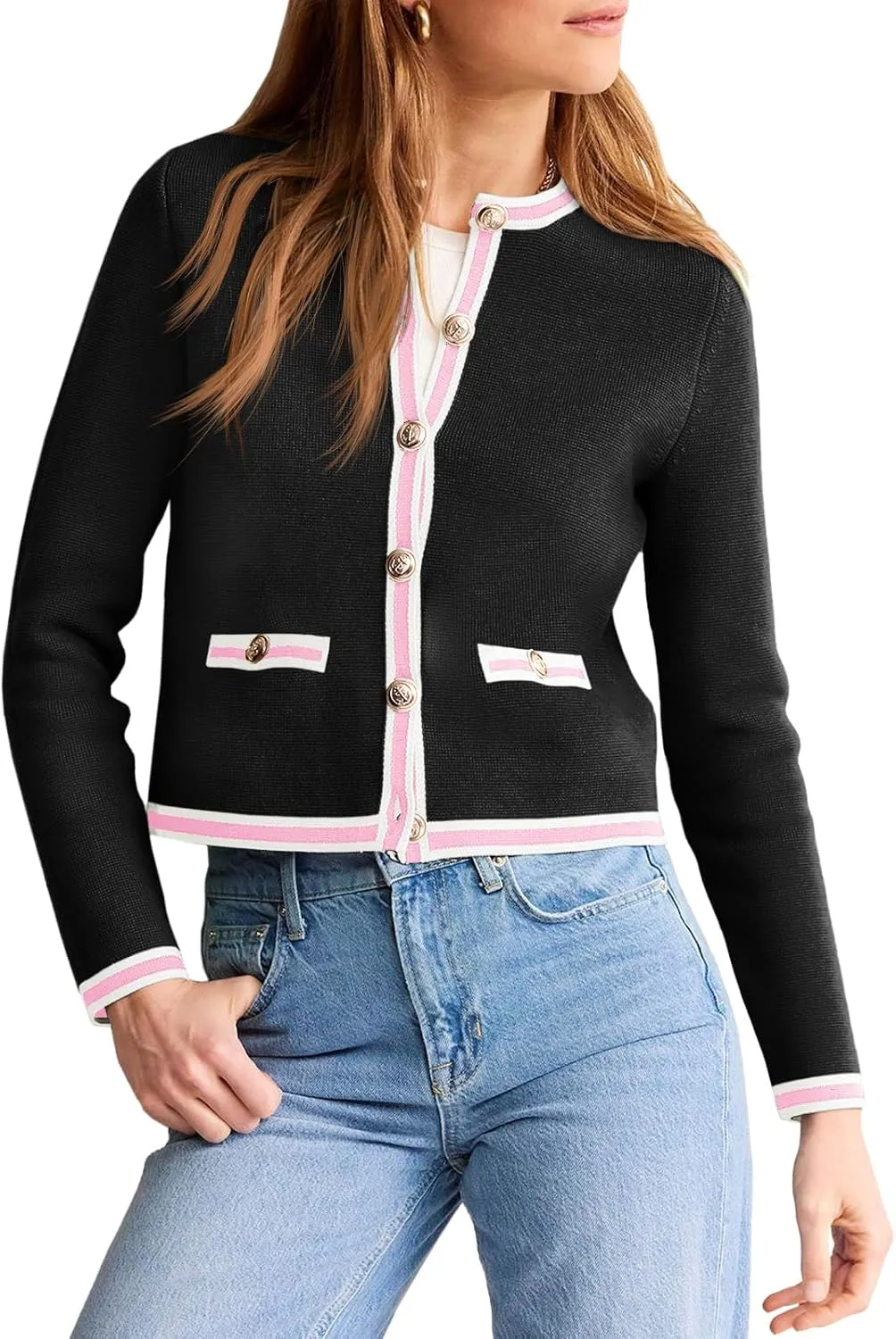 Saodimallsu Womens Cropped Cardigans Crew Neck Color Block Button Down Long Sleeve Fall Knit Sweater Jackets