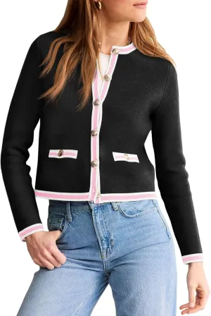 Saodimallsu Womens Cropped Cardigans Crew Neck Color Block Button Down Long Sleeve Fall Knit Sweater Jackets
