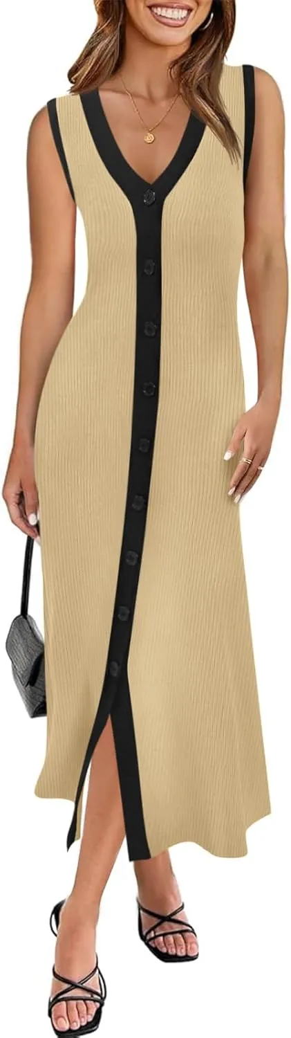 Saodimallsu Womens Summer Button Down Sweater Dresses Sleeveless V Neck Casual Ribbed Knit Color Block Midi Tank Dress