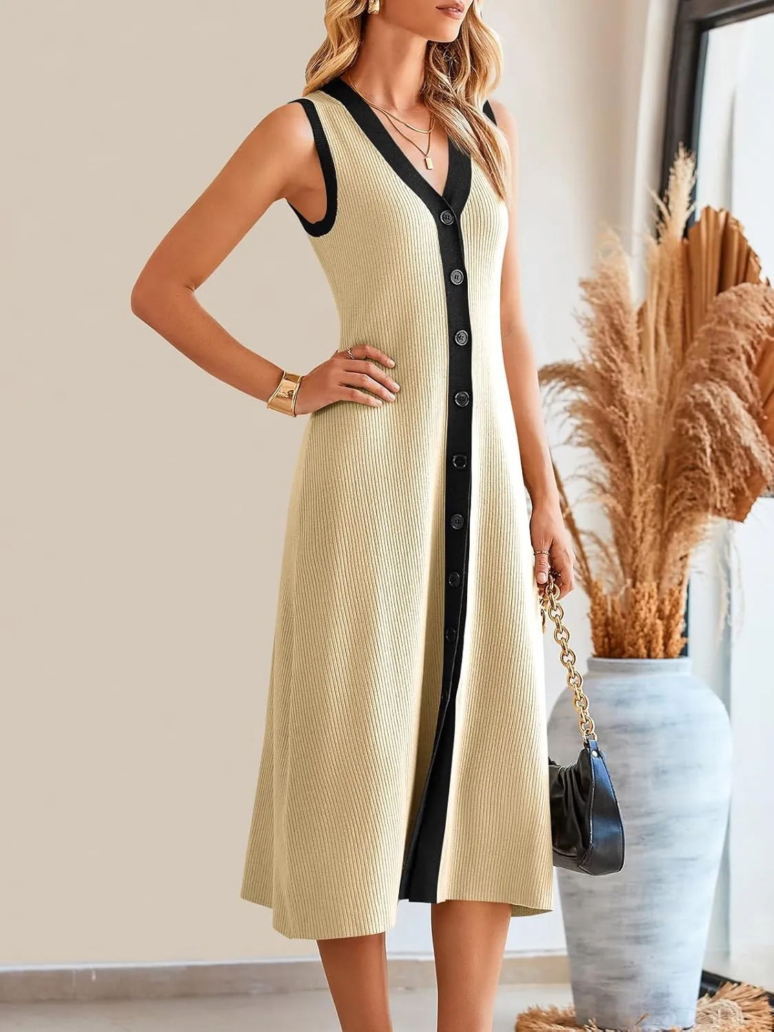 Saodimallsu Womens Summer Button Down Sweater Dresses Sleeveless V Neck Casual Ribbed Knit Color Block Midi Tank Dress