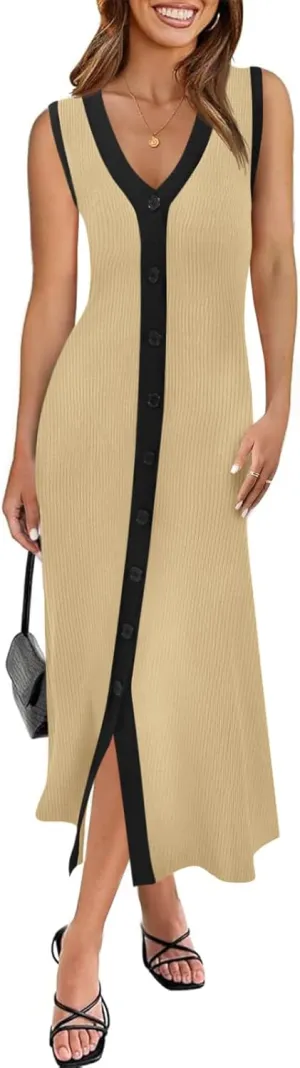 Saodimallsu Womens Summer Button Down Sweater Dresses Sleeveless V Neck Casual Ribbed Knit Color Block Midi Tank Dress
