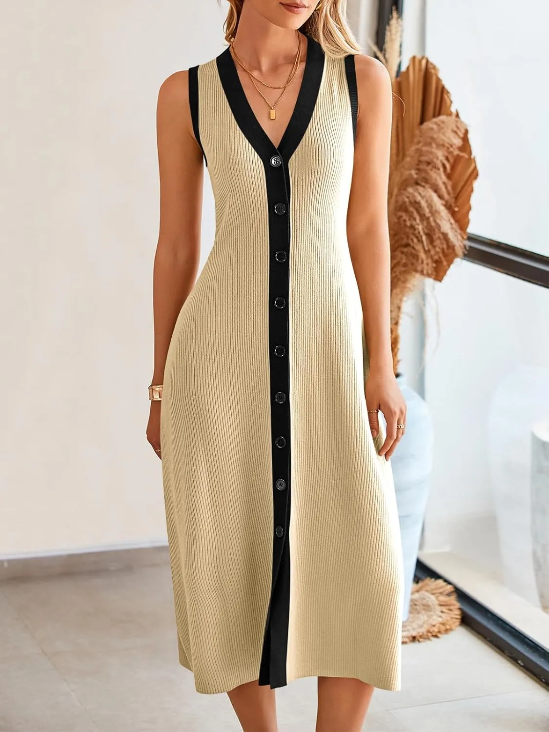 Saodimallsu Womens Summer Button Down Sweater Dresses Sleeveless V Neck Casual Ribbed Knit Color Block Midi Tank Dress