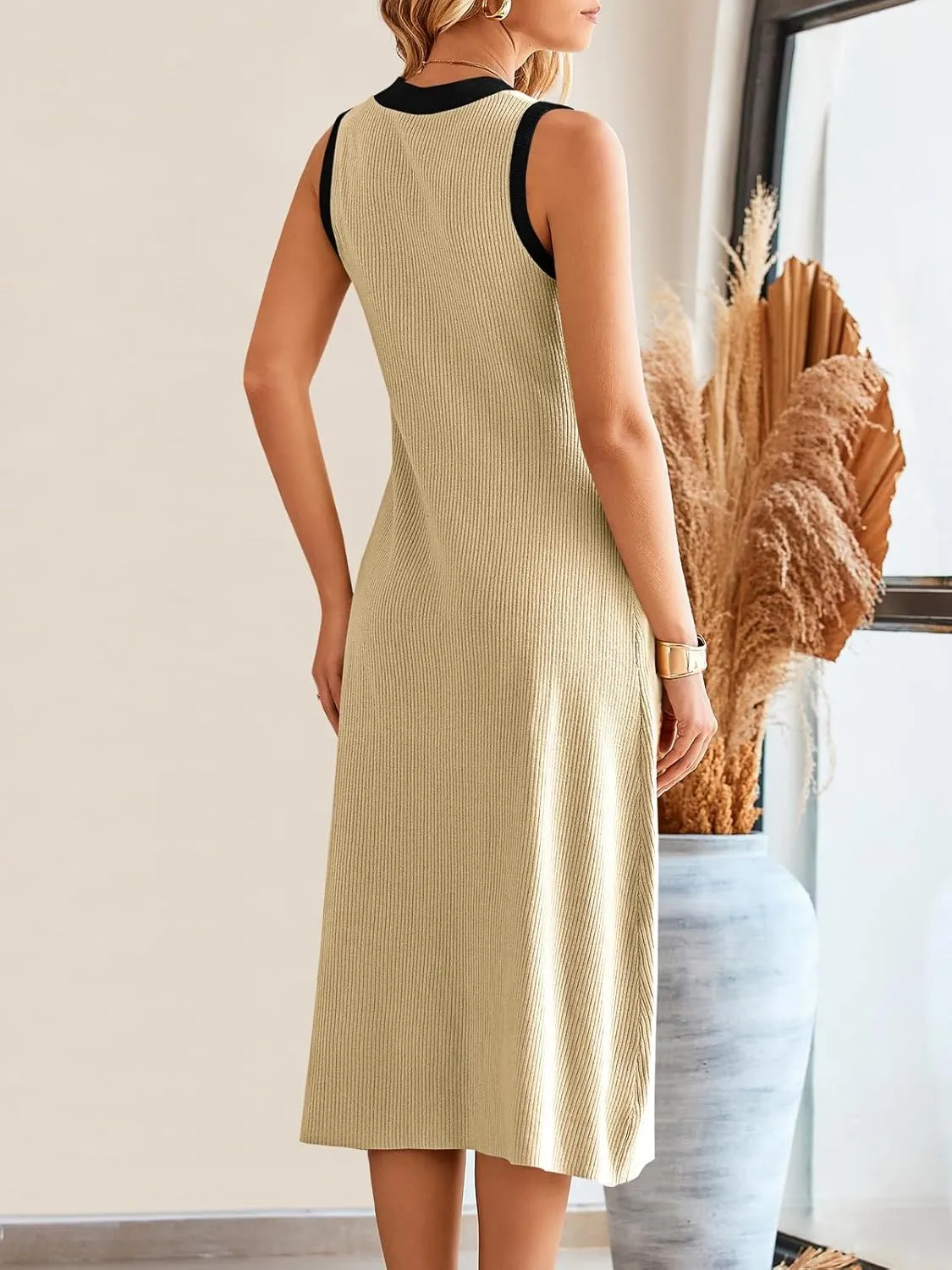 Saodimallsu Womens Summer Button Down Sweater Dresses Sleeveless V Neck Casual Ribbed Knit Color Block Midi Tank Dress