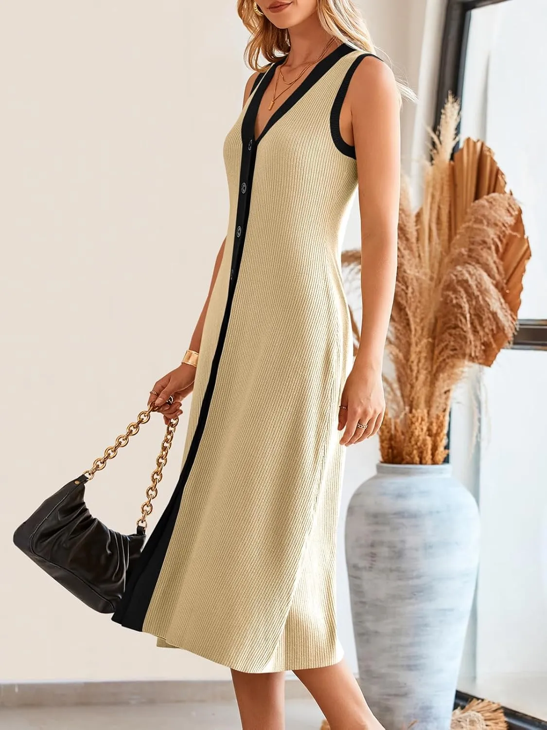 Saodimallsu Womens Summer Button Down Sweater Dresses Sleeveless V Neck Casual Ribbed Knit Color Block Midi Tank Dress