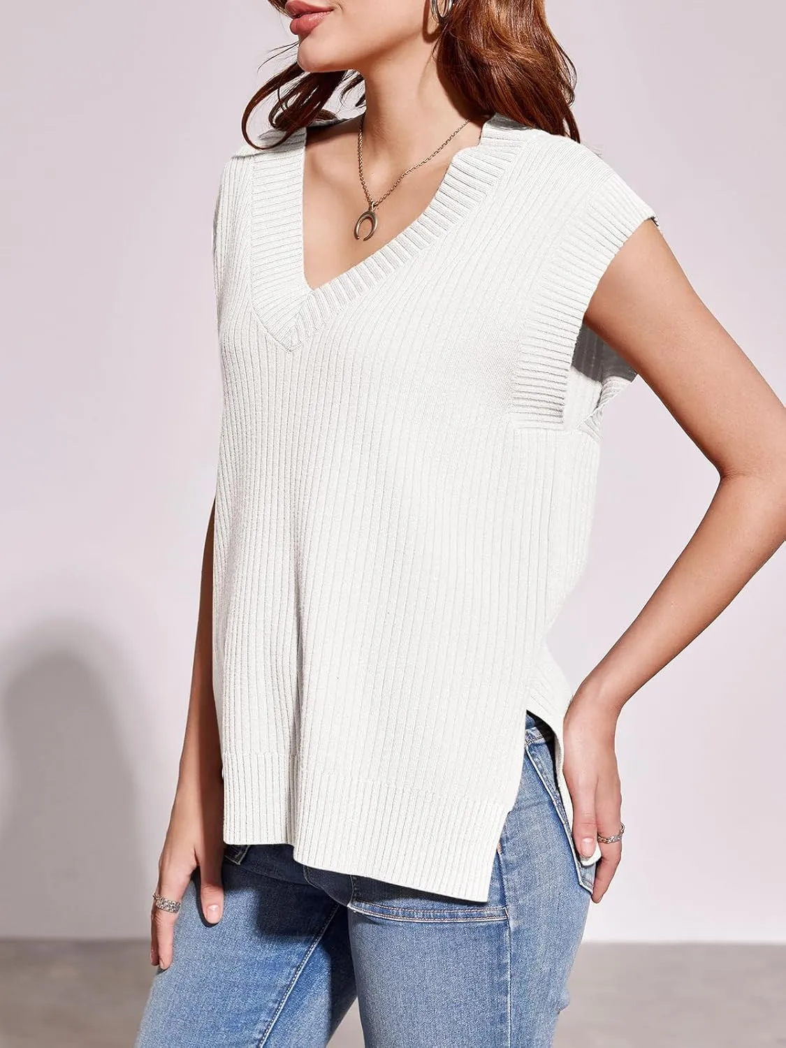 Saodimallsu Womens V Neck Sweater Vest Oversized Ribbed Knit Sleeveless Casual Loose Fit Pullover Tank Top