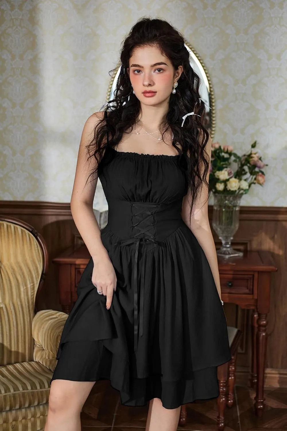 Scarlet Darkness Renaissance Dress Women Chiffon Spaghetti Strap Corset Dress