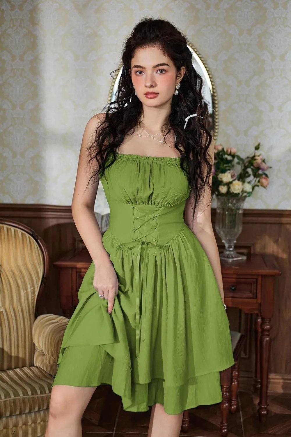 Scarlet Darkness Renaissance Dress Women Chiffon Spaghetti Strap Corset Dress