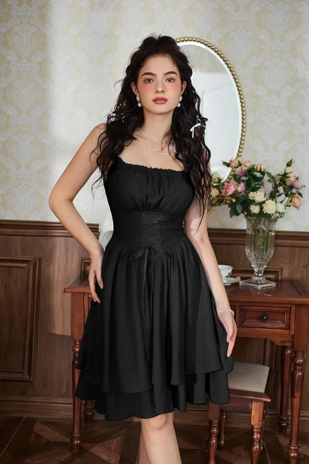 Scarlet Darkness Renaissance Dress Women Chiffon Spaghetti Strap Corset Dress