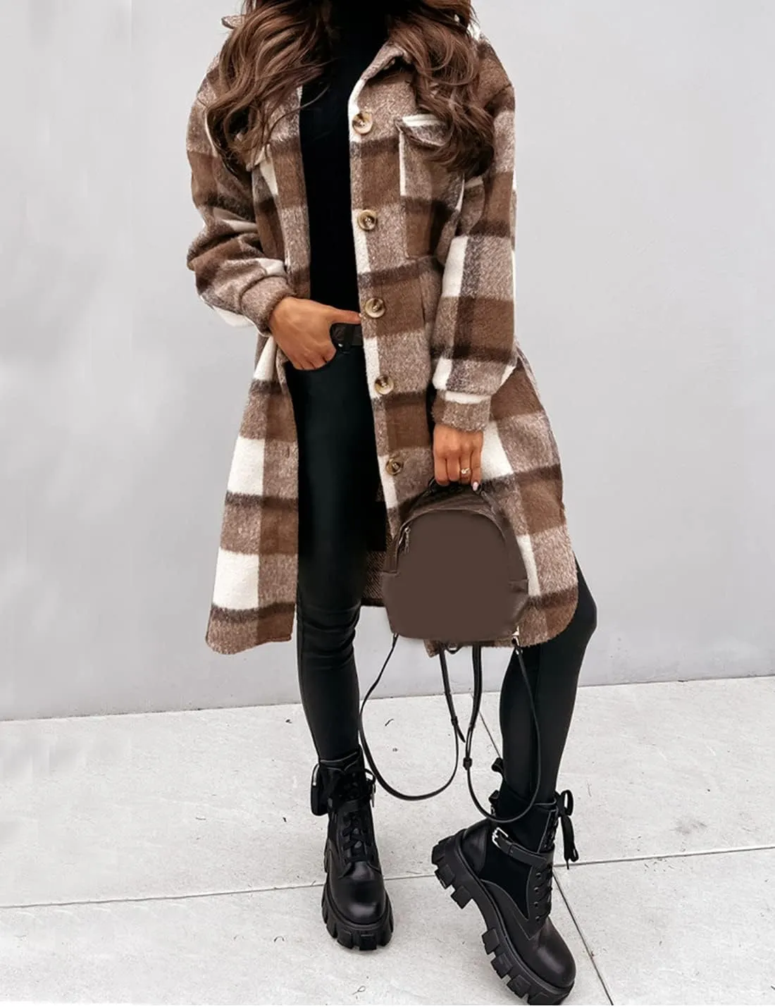 SeekMe Women's Long Plaid Shirt Jacket Shacket Lapel Button Down Woolen Blend Casual Tartan Over Shirt Trench Coat