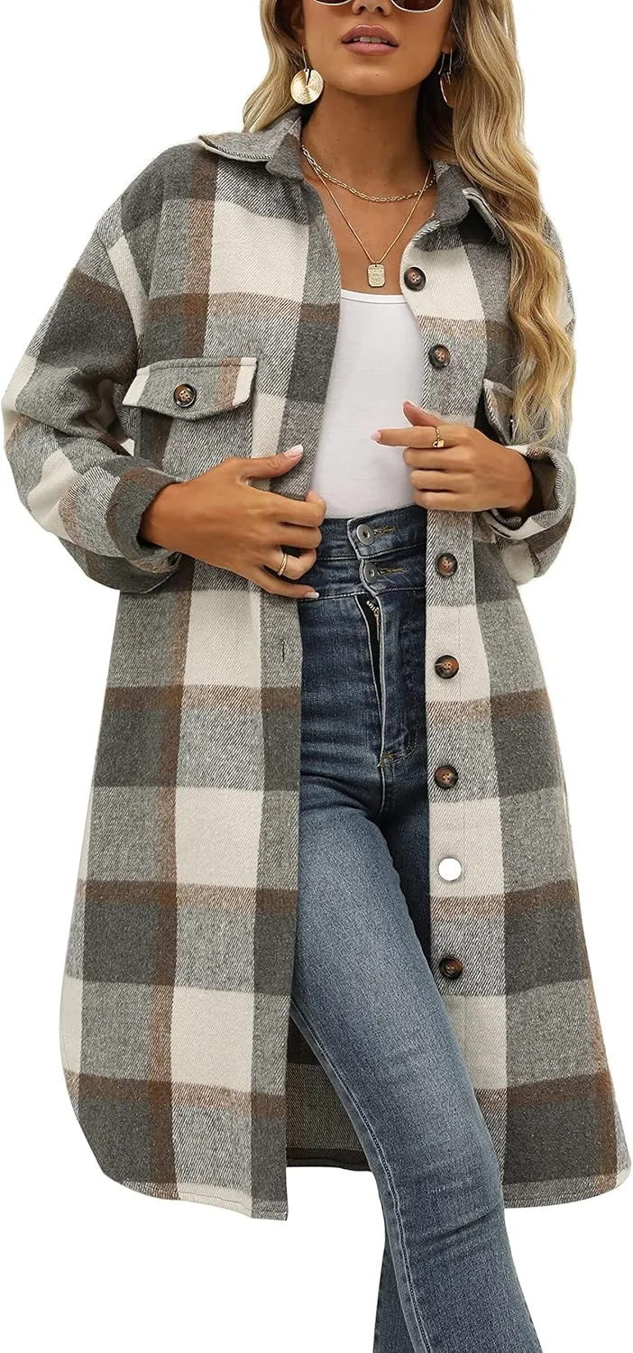 SeekMe Women's Long Plaid Shirt Jacket Shacket Lapel Button Down Woolen Blend Casual Tartan Over Shirt Trench Coat