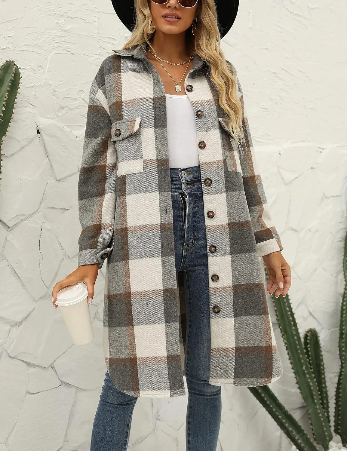 SeekMe Women's Long Plaid Shirt Jacket Shacket Lapel Button Down Woolen Blend Casual Tartan Over Shirt Trench Coat