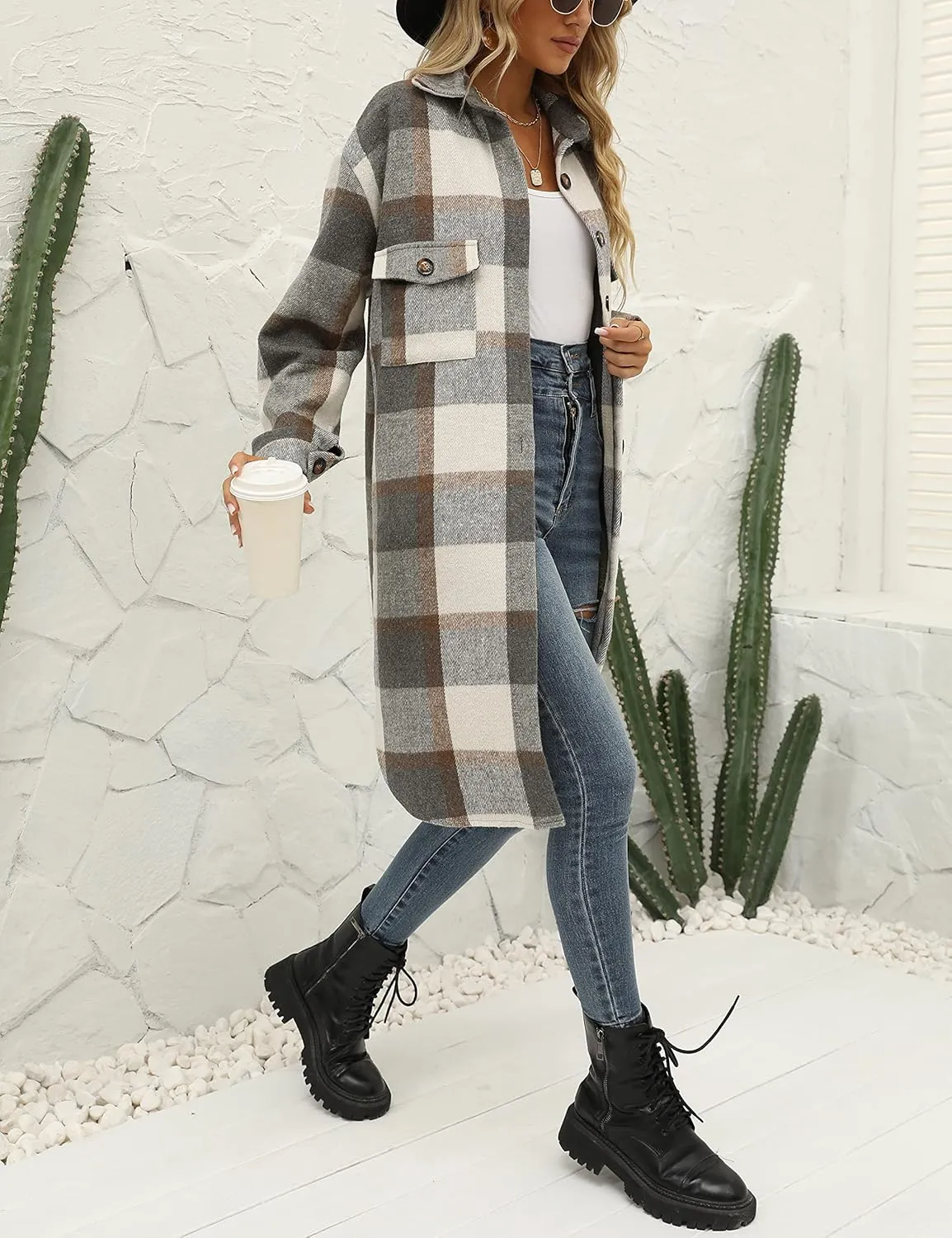 SeekMe Women's Long Plaid Shirt Jacket Shacket Lapel Button Down Woolen Blend Casual Tartan Over Shirt Trench Coat
