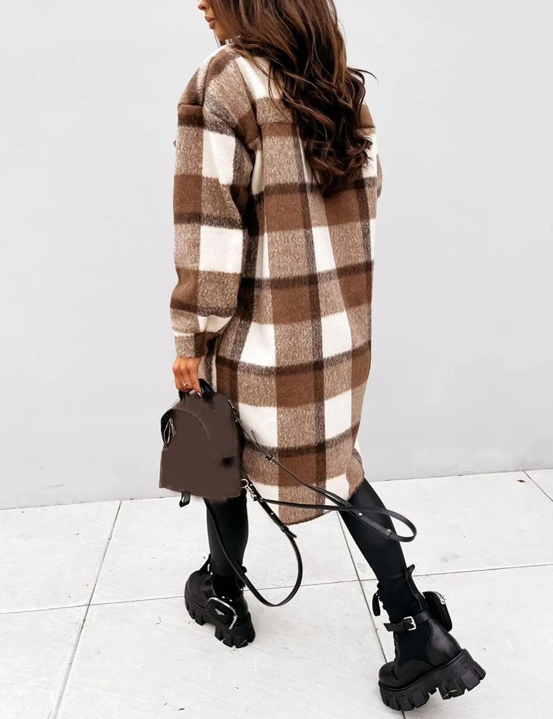 SeekMe Women's Long Plaid Shirt Jacket Shacket Lapel Button Down Woolen Blend Casual Tartan Over Shirt Trench Coat