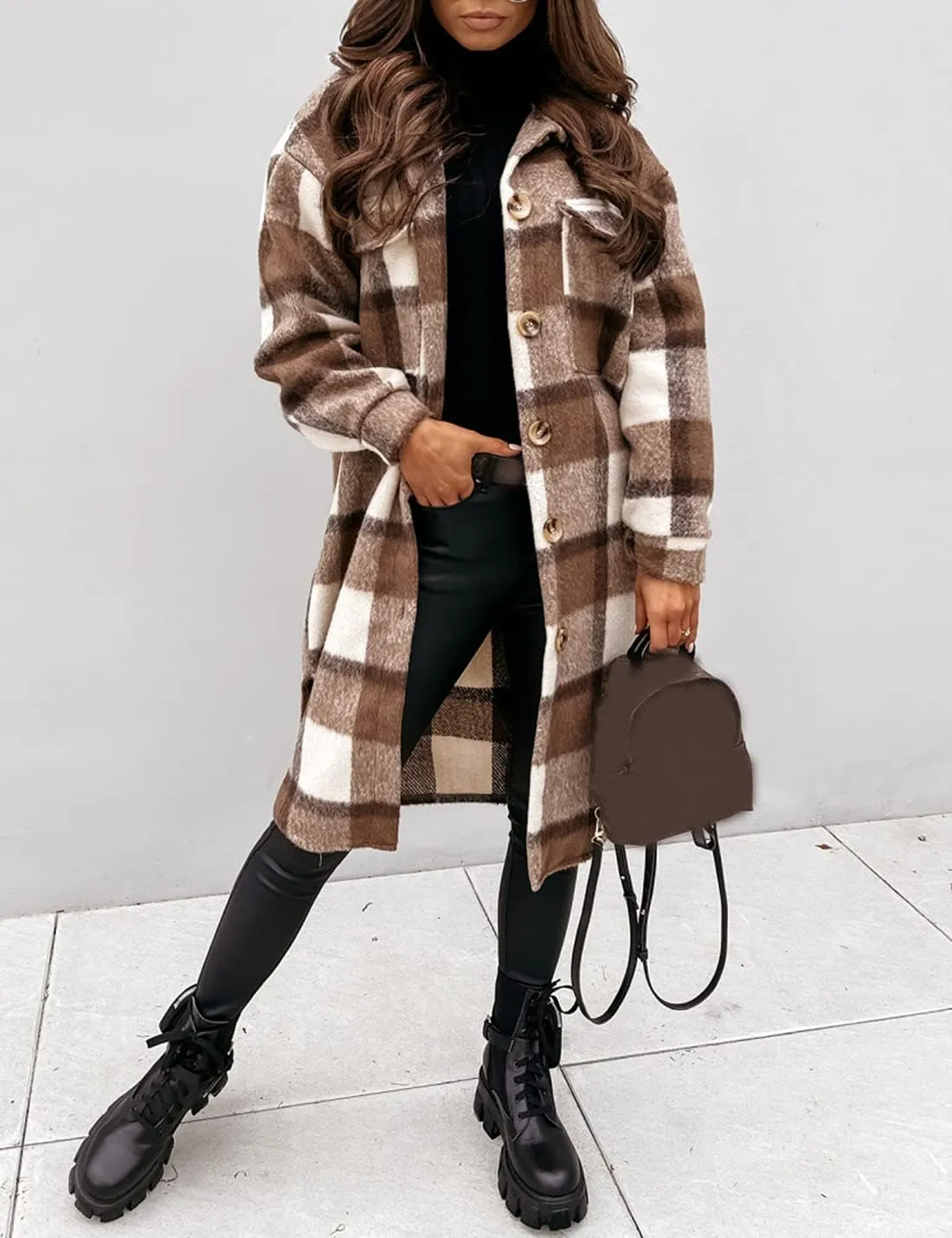 SeekMe Women's Long Plaid Shirt Jacket Shacket Lapel Button Down Woolen Blend Casual Tartan Over Shirt Trench Coat