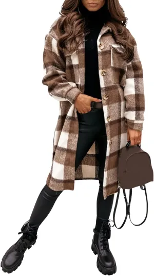 SeekMe Women's Long Plaid Shirt Jacket Shacket Lapel Button Down Woolen Blend Casual Tartan Over Shirt Trench Coat