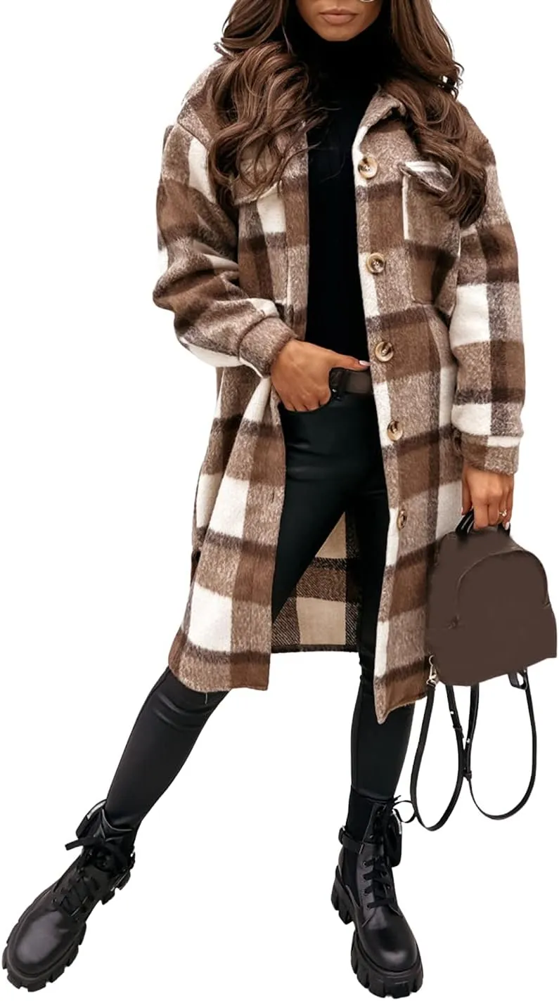 SeekMe Women's Long Plaid Shirt Jacket Shacket Lapel Button Down Woolen Blend Casual Tartan Over Shirt Trench Coat