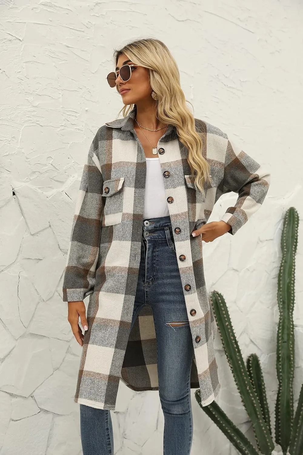 SeekMe Women's Long Plaid Shirt Jacket Shacket Lapel Button Down Woolen Blend Casual Tartan Over Shirt Trench Coat