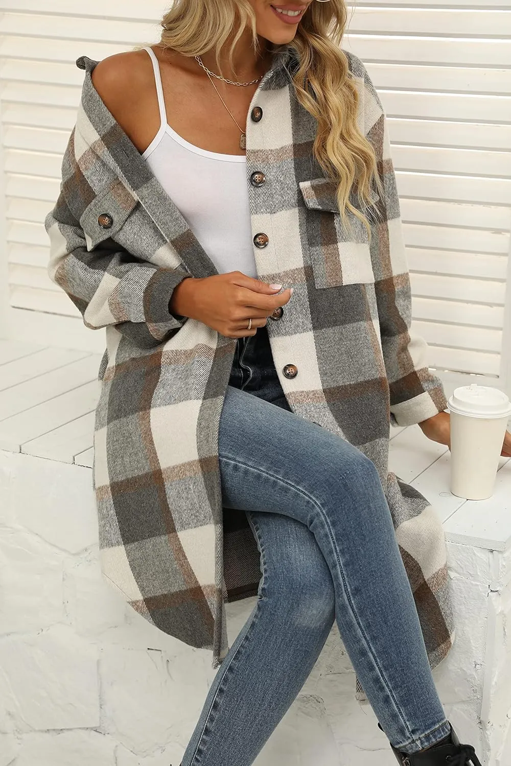 SeekMe Women's Long Plaid Shirt Jacket Shacket Lapel Button Down Woolen Blend Casual Tartan Over Shirt Trench Coat