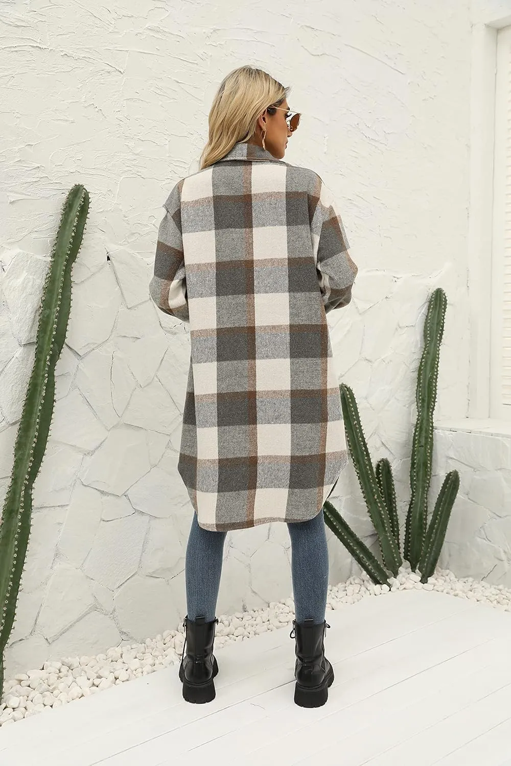SeekMe Women's Long Plaid Shirt Jacket Shacket Lapel Button Down Woolen Blend Casual Tartan Over Shirt Trench Coat