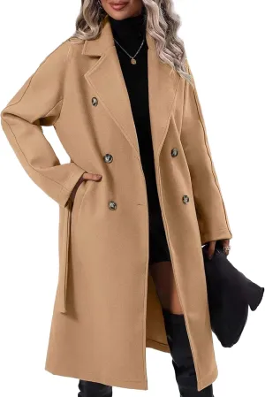 SEMATOMALA Women's Oversized Double Breasted Wool Blend Long Coat with Belt Notched Lapel Winter Trench Coat