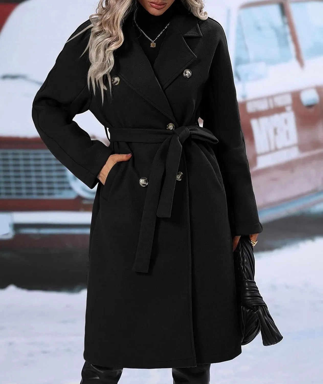 SEMATOMALA Women's Oversized Double Breasted Wool Blend Long Coat with Belt Notched Lapel Winter Trench Coat