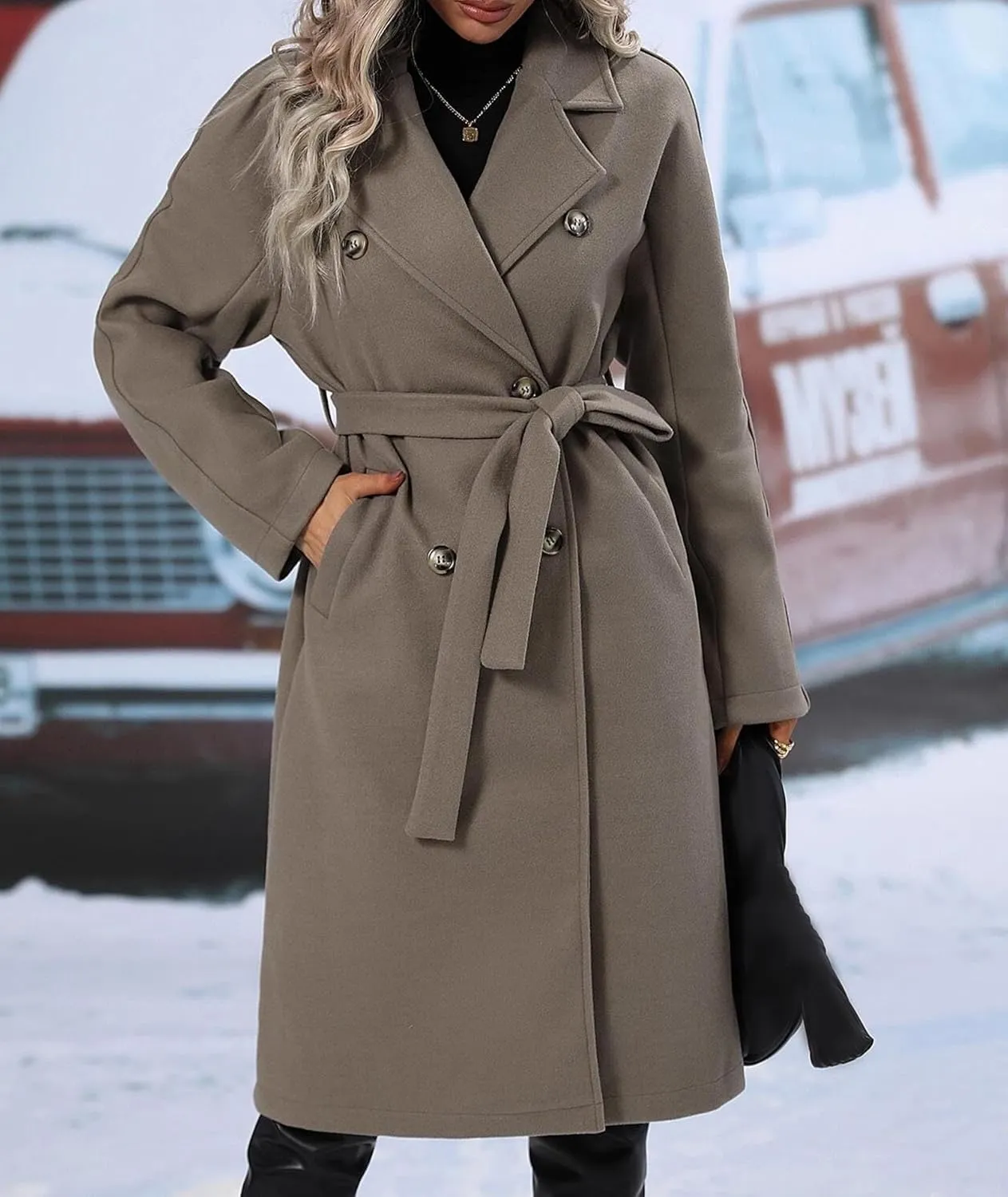 SEMATOMALA Women's Oversized Double Breasted Wool Blend Long Coat with Belt Notched Lapel Winter Trench Coat