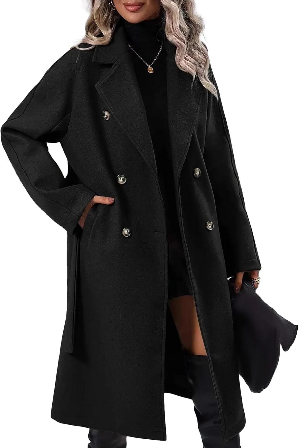 SEMATOMALA Women's Oversized Double Breasted Wool Blend Long Coat with Belt Notched Lapel Winter Trench Coat