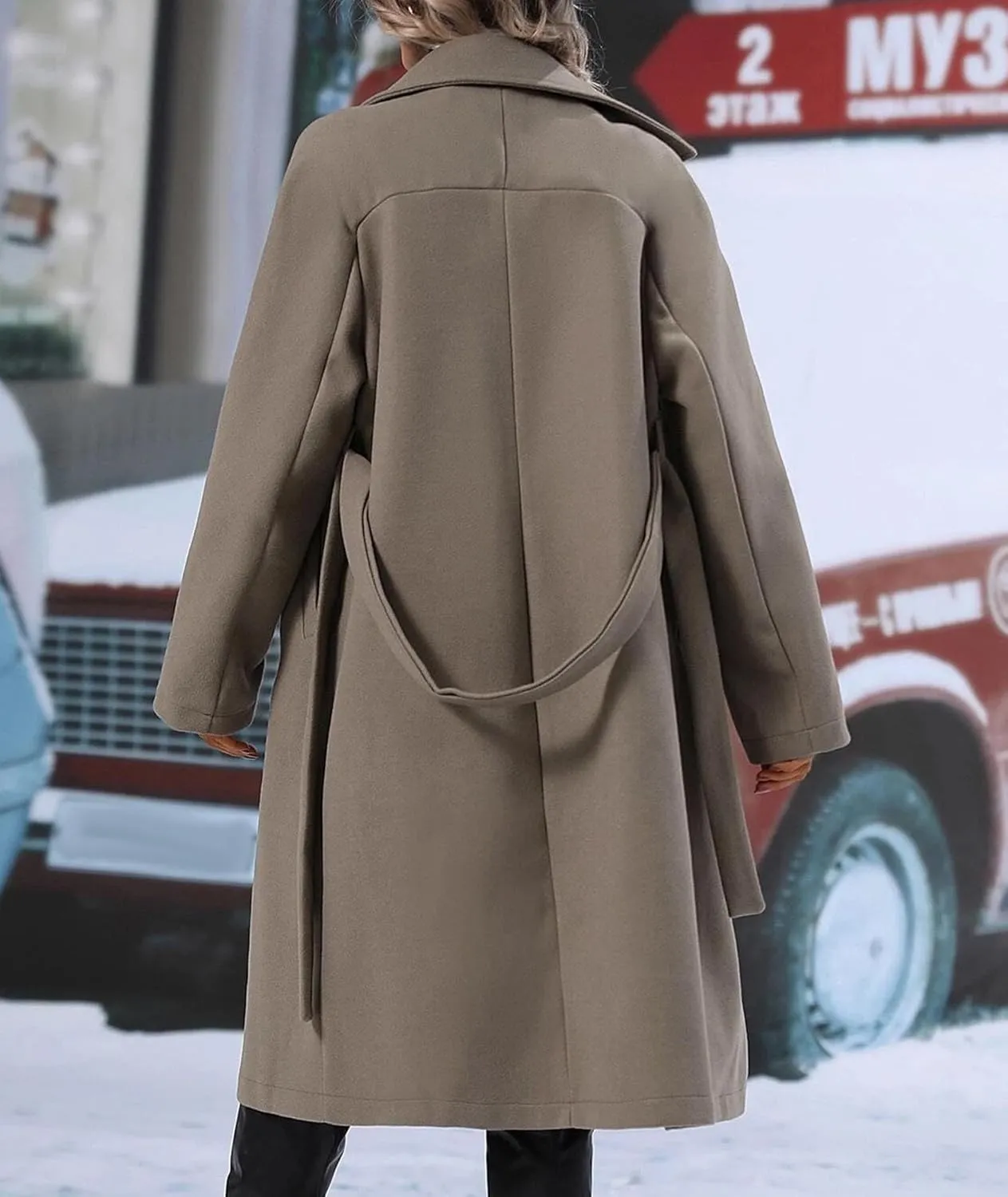 SEMATOMALA Women's Oversized Double Breasted Wool Blend Long Coat with Belt Notched Lapel Winter Trench Coat