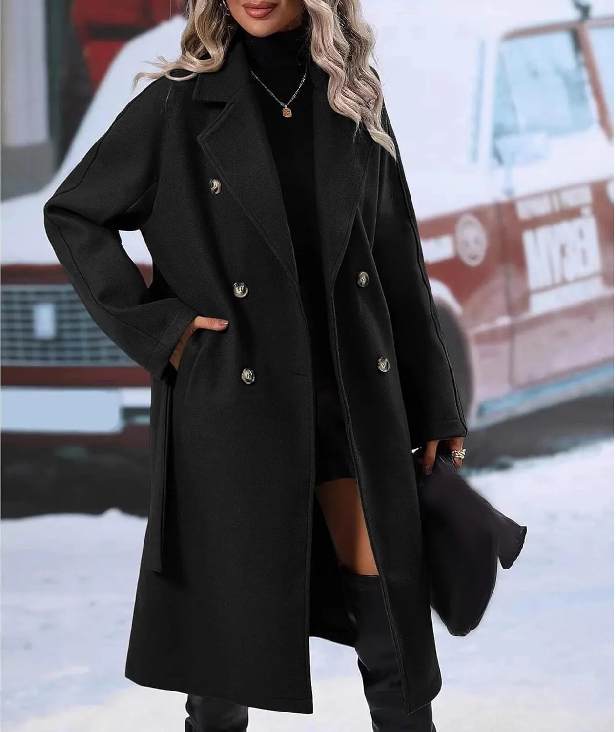 SEMATOMALA Women's Oversized Double Breasted Wool Blend Long Coat with Belt Notched Lapel Winter Trench Coat