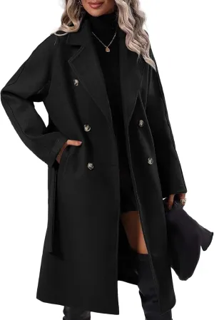 SEMATOMALA Women's Oversized Double Breasted Wool Blend Long Coat with Belt Notched Lapel Winter Trench Coat