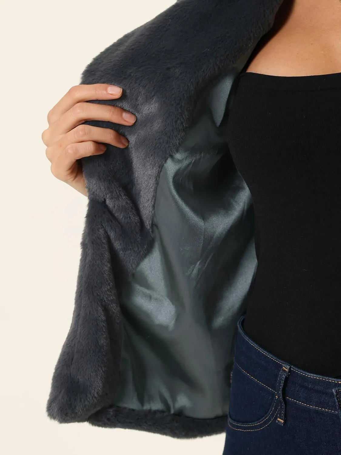 Seta T Women's Cropped Faux Fur Coat Fashion Winter Open Front Jacket Notch Lapel Long Sleeve Fluffy Coat