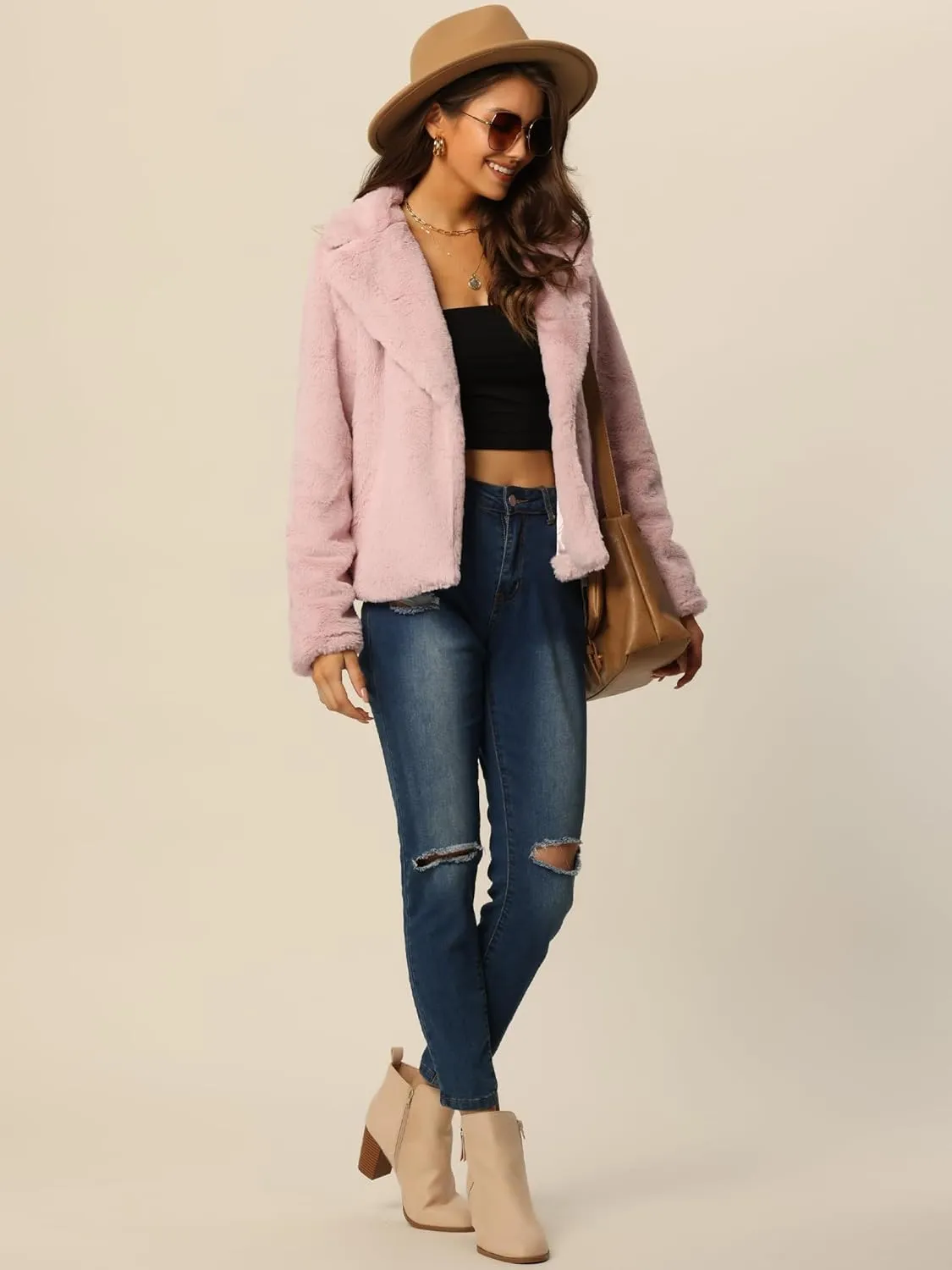 Seta T Women's Cropped Faux Fur Coat Fashion Winter Open Front Jacket Notch Lapel Long Sleeve Fluffy Coat