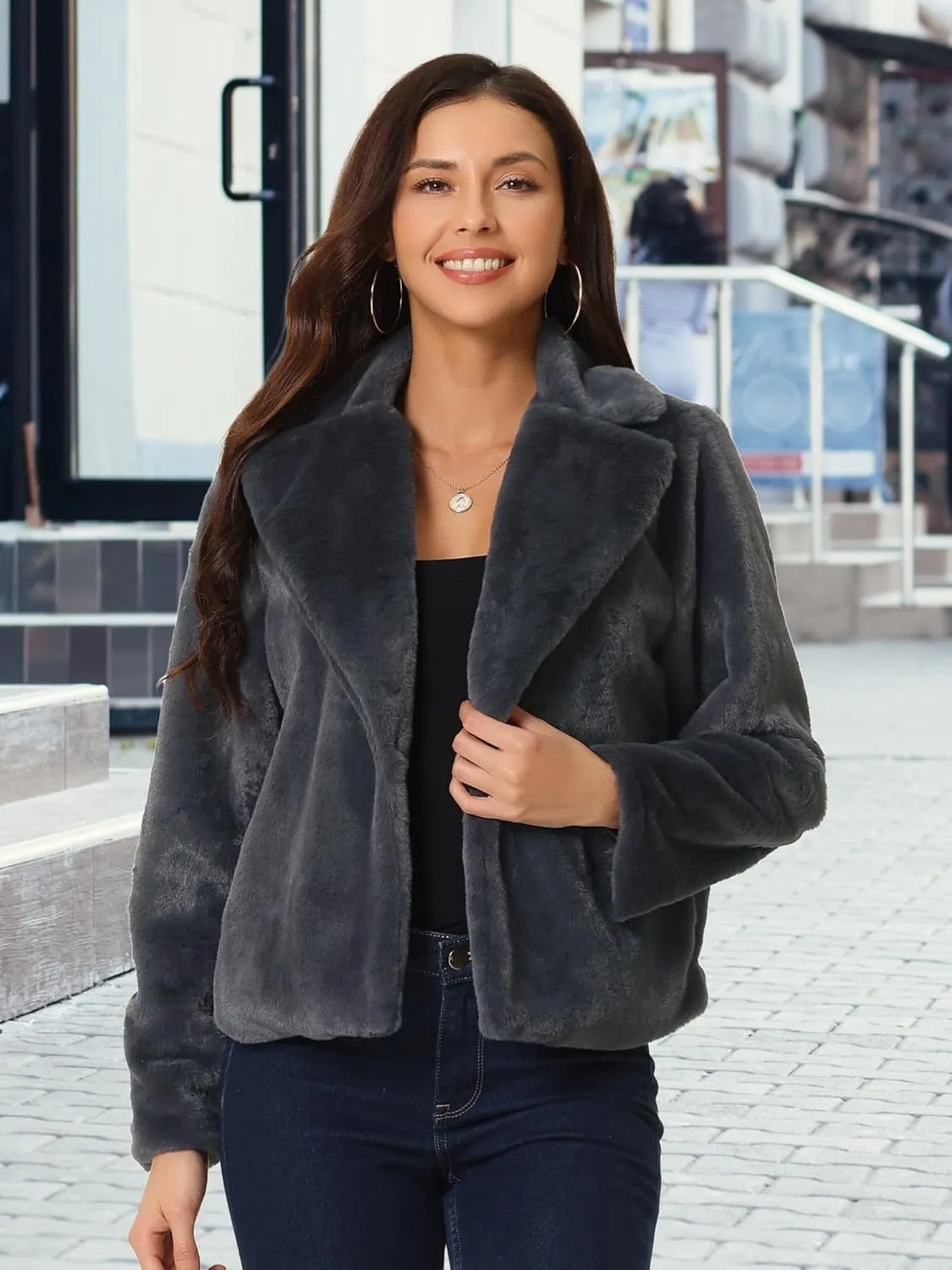 Seta T Women's Cropped Faux Fur Coat Fashion Winter Open Front Jacket Notch Lapel Long Sleeve Fluffy Coat