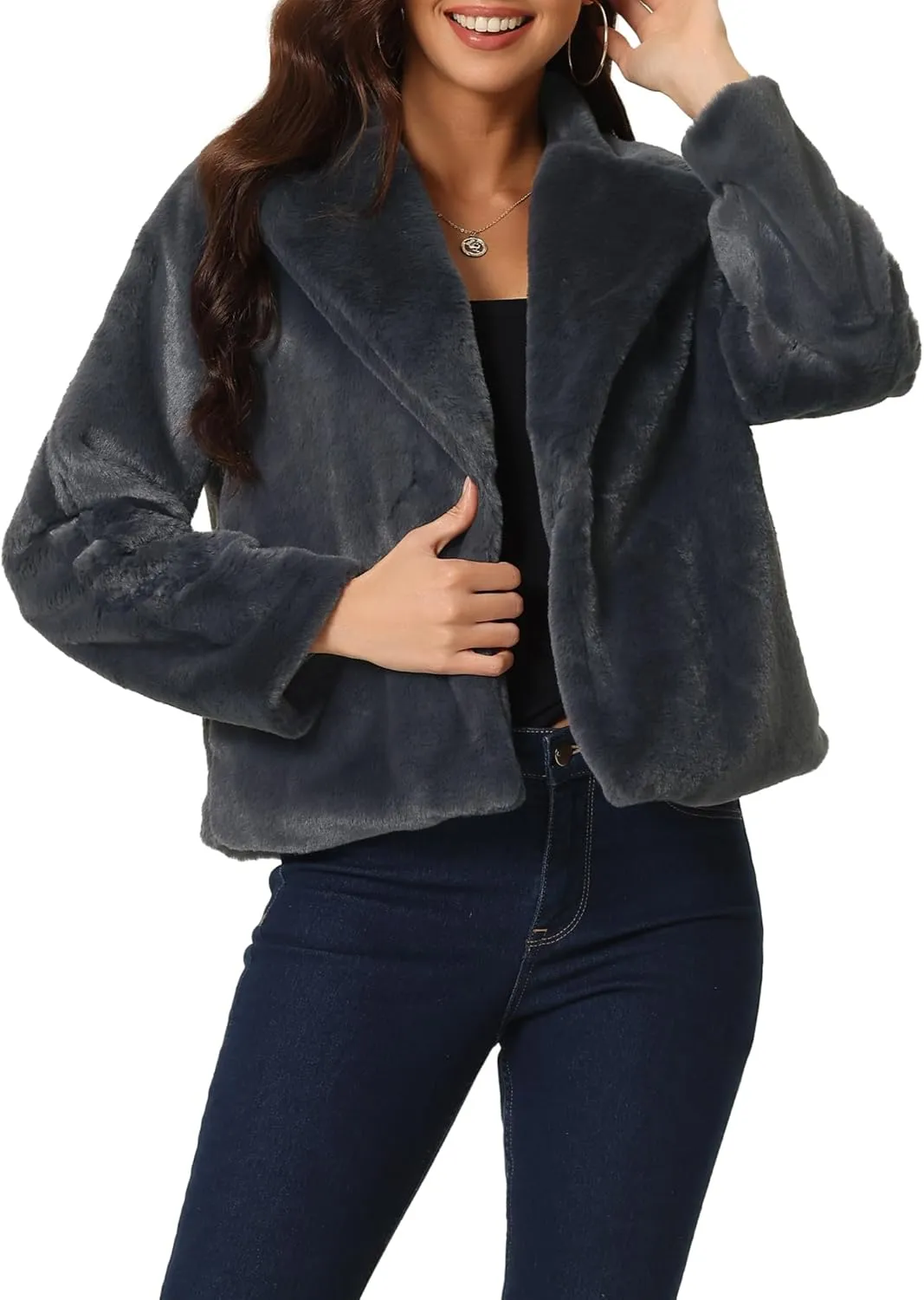Seta T Women's Cropped Faux Fur Coat Fashion Winter Open Front Jacket Notch Lapel Long Sleeve Fluffy Coat