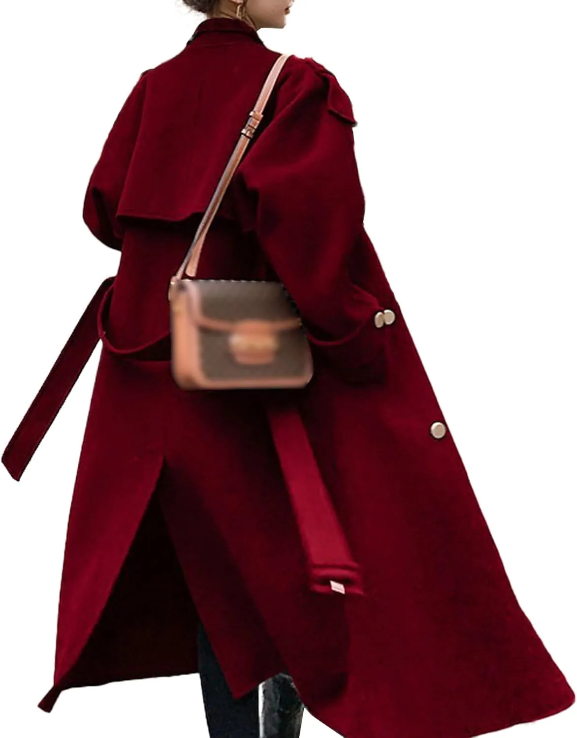 Sexyshine Women's Winter Double Breasted Long Pea Coat Notch Lapel Long Sleeve Wool Blend Trench Coat Overcoat