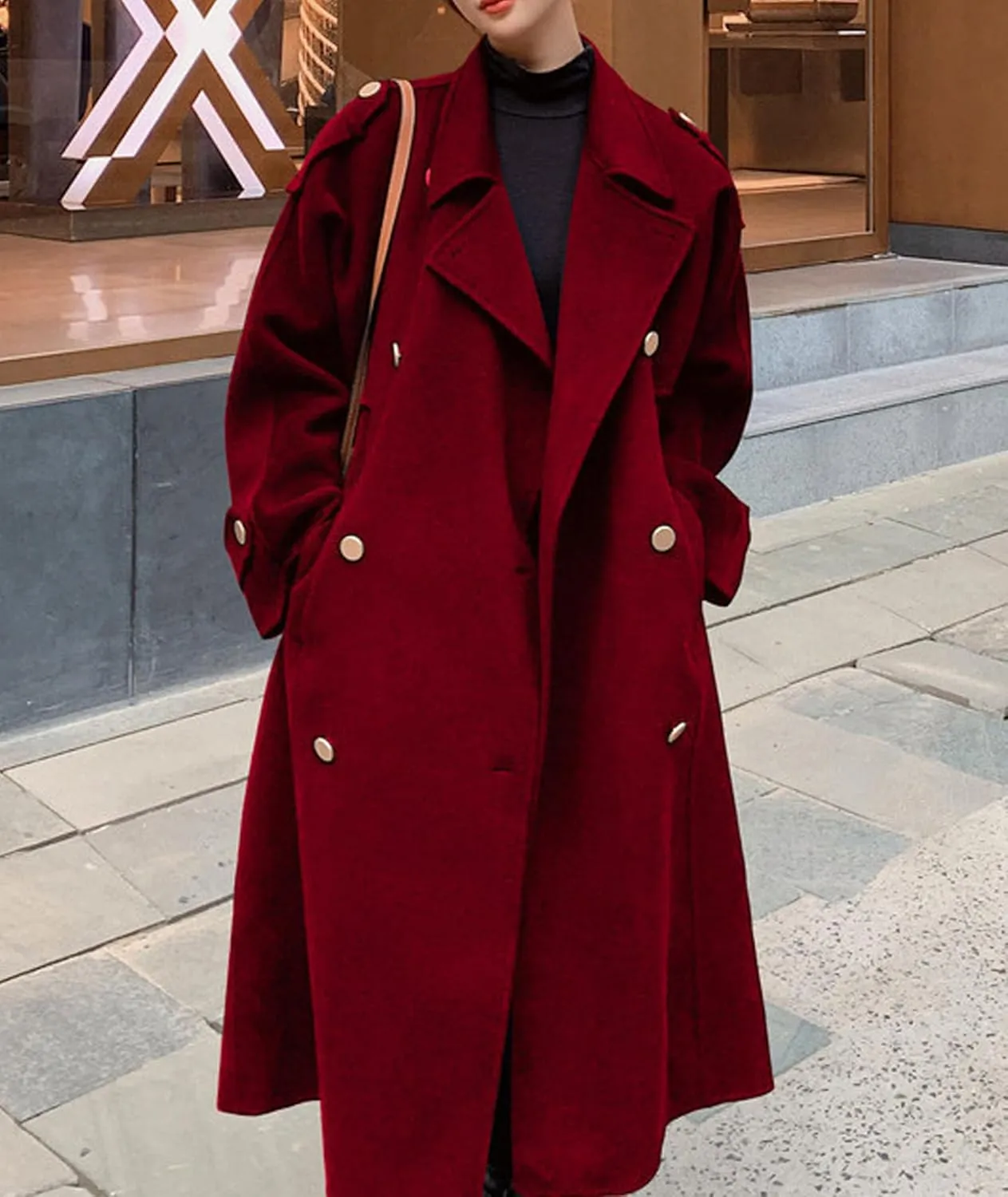 Sexyshine Women's Winter Double Breasted Long Pea Coat Notch Lapel Long Sleeve Wool Blend Trench Coat Overcoat