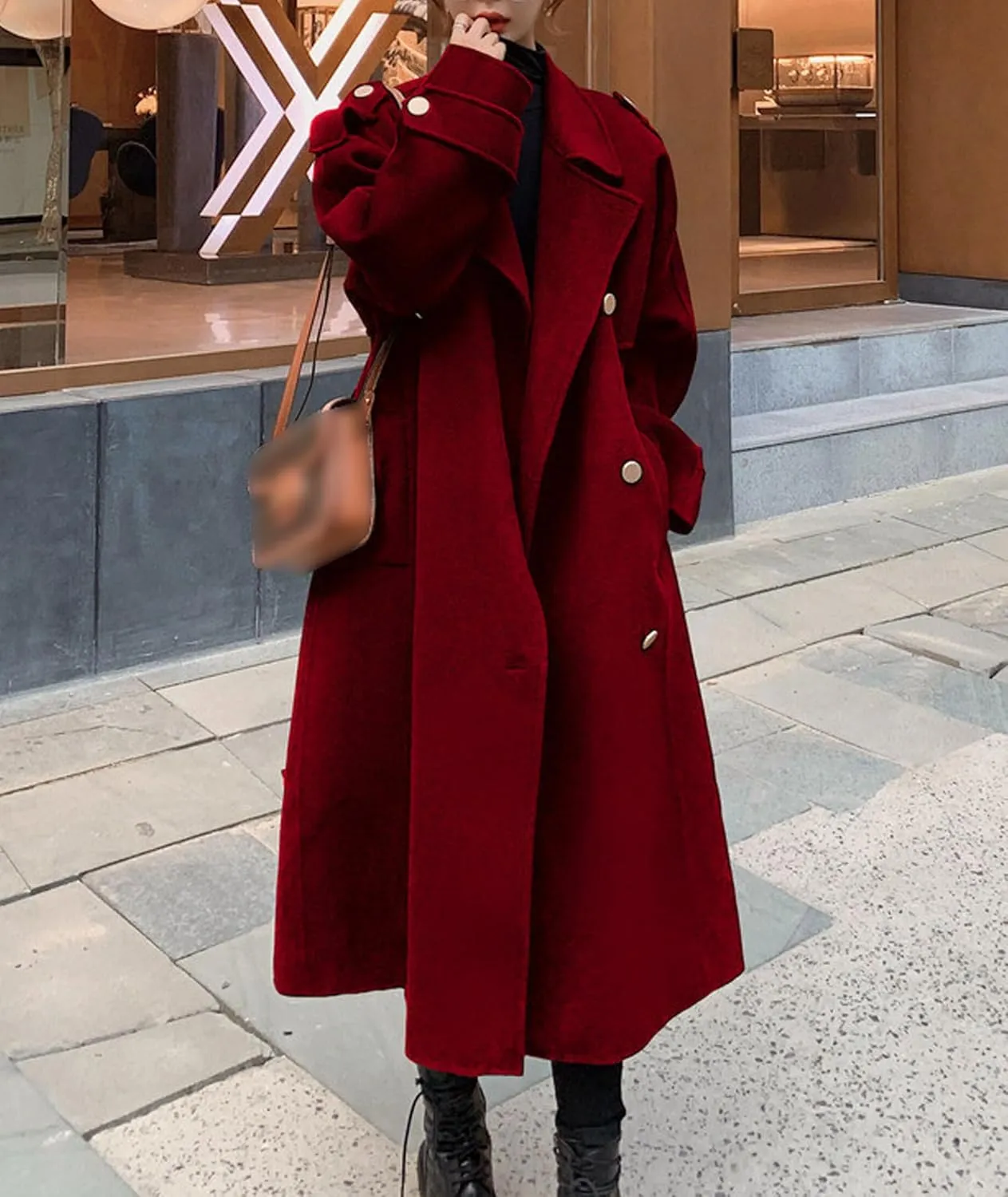 Sexyshine Women's Winter Double Breasted Long Pea Coat Notch Lapel Long Sleeve Wool Blend Trench Coat Overcoat