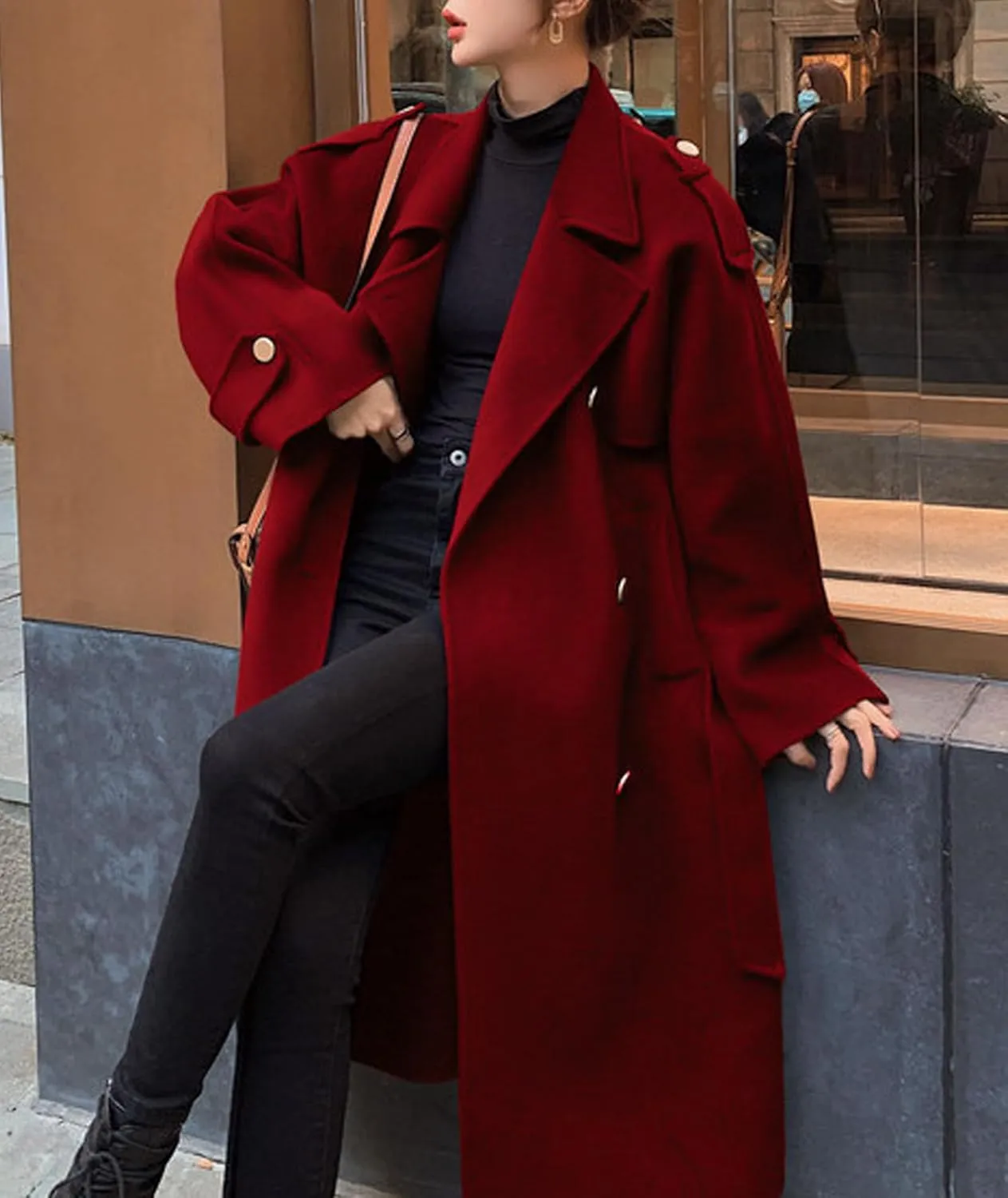 Sexyshine Women's Winter Double Breasted Long Pea Coat Notch Lapel Long Sleeve Wool Blend Trench Coat Overcoat