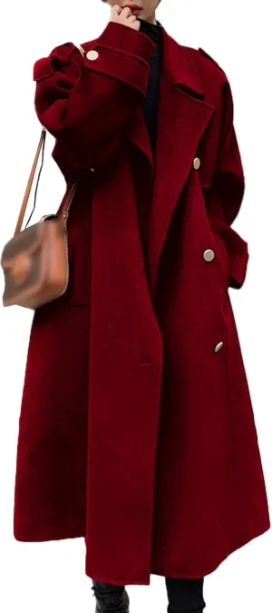 Sexyshine Women's Winter Double Breasted Long Pea Coat Notch Lapel Long Sleeve Wool Blend Trench Coat Overcoat