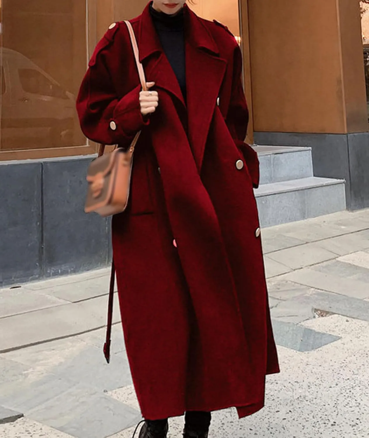 Sexyshine Women's Winter Double Breasted Long Pea Coat Notch Lapel Long Sleeve Wool Blend Trench Coat Overcoat