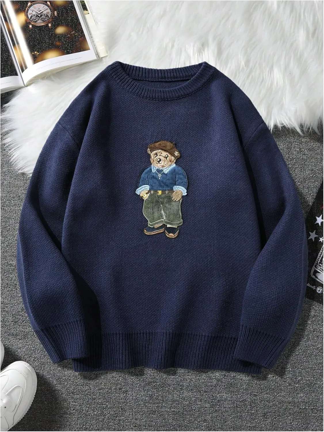 SHENHE Men's Oversized Crew Neck Cute Bear Sweater Vintage Unisex Preppy Sweater Jumper